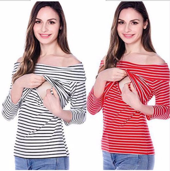 

maternity clothes striped t-shirt multifunctional breastfeeding shirt nursing hoodies strapless fashion casual maternity outfits, White