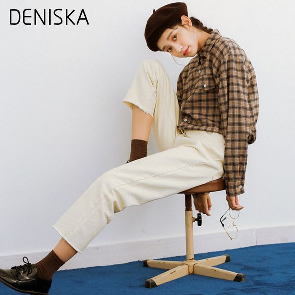 

deniska white jeans woman 2018 new preppy casual style loose high waist ankle length wide leg jeans pants boyfriend vest, Blue