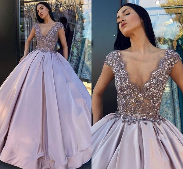 

2019 великолепный лаванды бальное платье вечерние платья v шеи cap рукава блестки бисером аппликации атласная сирень вечерние платья, Black;red