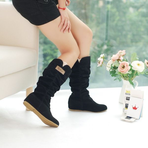 

goxpacer winter women boots mid calf flush women casual snow boots low heel thermal fashion shoes plus size round toe flock new, Black