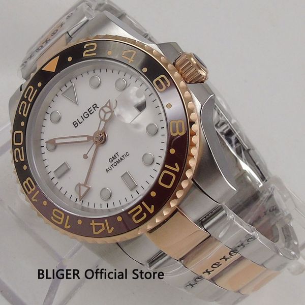 

bliger 40mm white dial black ceramic bezel gmt function sapphire steel case luminous two-tone automatic movement men's watch b13, Slivery;brown
