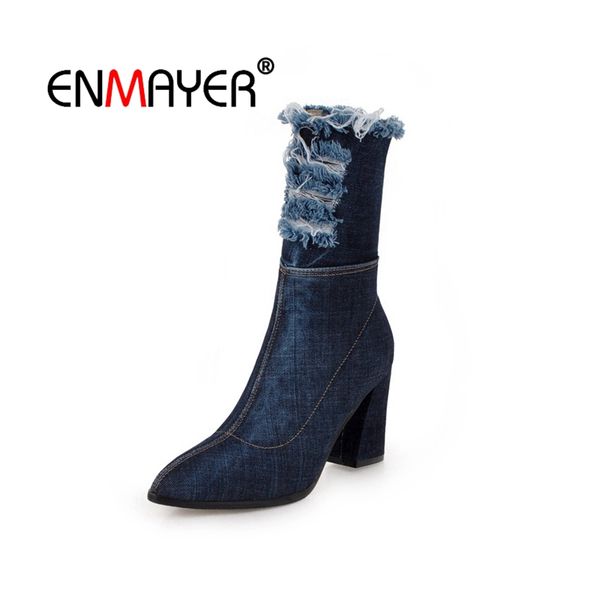 

enmayer ankle boots brand women's shoes stretch slip-on autumn pointed toe short booties slip on flock fashion boots cr1937, Black