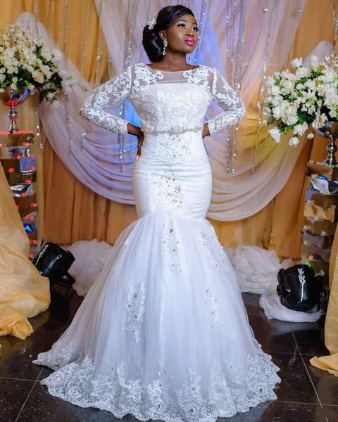 

Charming African Lace Plus Size Mermaid Wedding Dresses Arabia Sheer Long Sleeve Beads Applique Bridal Gown Church Bride Dress New Arrival