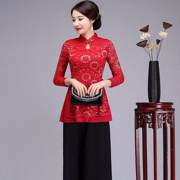 

women red flower lace chinese style female shirt 2018 spring summer three quarter sleeve over size -4xl, White