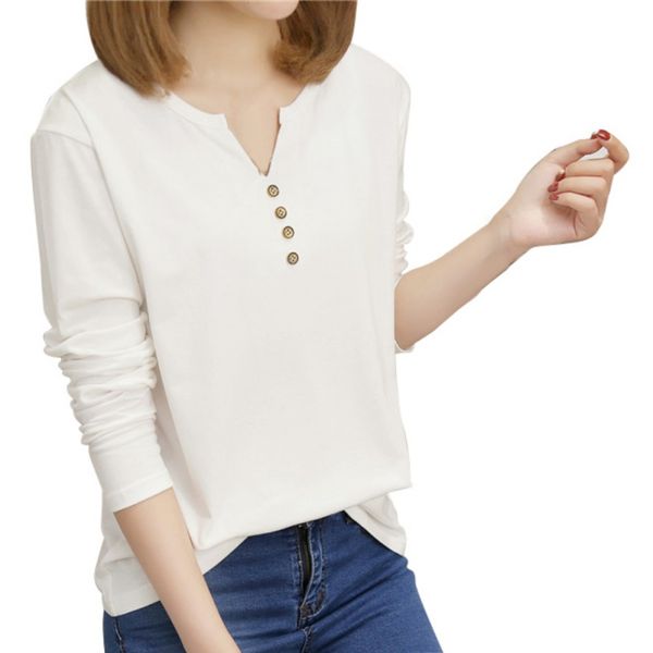 

new autumn women's t-shirt fashion button v-neck long sleeve t shirt women casual solid color loose t shirts female, White