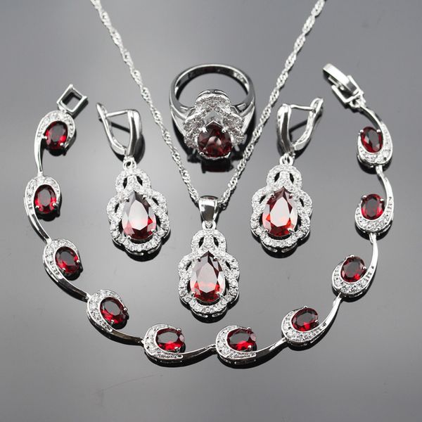 

whole sale925 stamp red zircon white crystal fashion jewelry sets for women silver color necklace/earrings/ring/pendant/bracelets bjs25, Slivery;golden