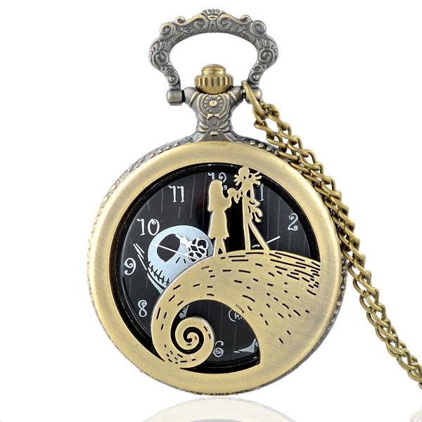 

classic vintage bronze the nightmare before christmas hollow quartz pocket watch retro men women necklace pendant jewelry gifts, Slivery;golden
