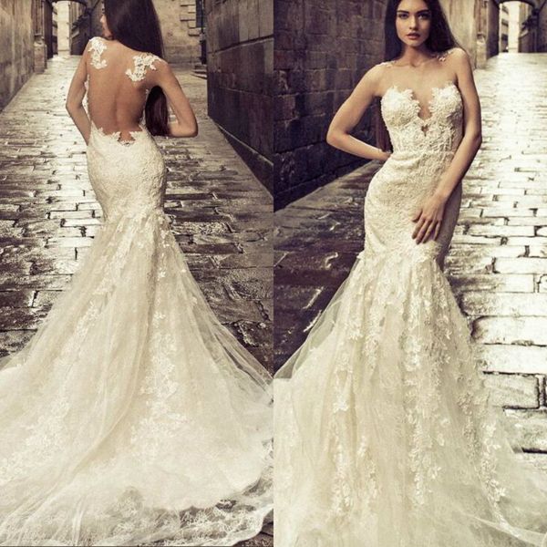 

romantic lace mermaid wedding dress 2018 fashion sweetheart sheer back appliques tulle bridal gowns sweep train wedding dresses, White