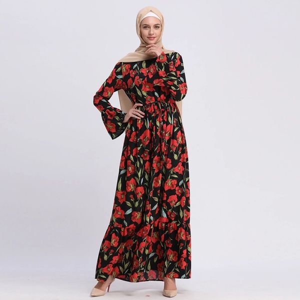 

wholesale muslim women o-neck floral kaftan dress s-2xl plus size islamic flare sleeve fashion jilbab with belt, Red