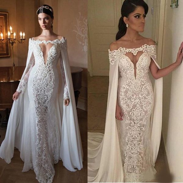

2020 berta lace wedding dresses with wrap off shoulder long sleeves chiffon long bridal gowns floor length custom made cowl backs, White