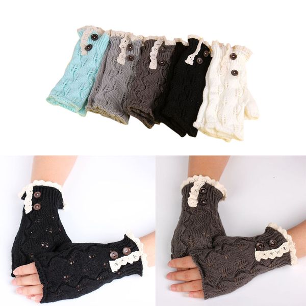 

2017 new fashion warm lace fingerless women' warmer gloves knitted autumn winter knit gloves button mittens, Blue;gray