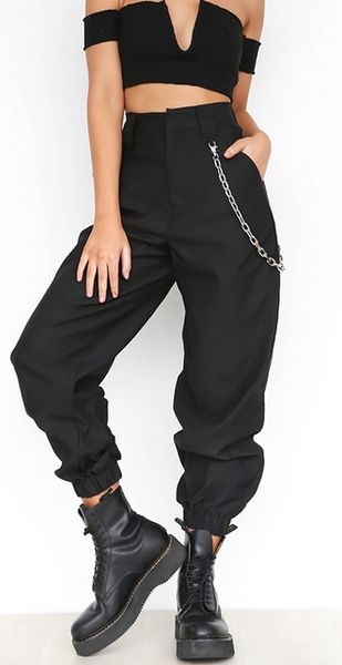 

2018 fall women elegant chain high elastic waist long harem pants casual baggy party trousers pockets, Black;white