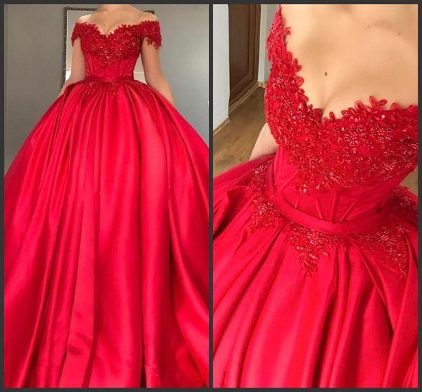 2019 novo modesto off ombro vestido de bola vermelha quinceanera vestidos apliques frisados ​​cetim espartilho lace up vestidos de baile doce dezesseis vestidos 436