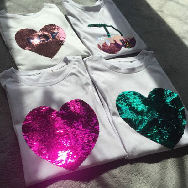 

multi color heart shape sequins cotton t-shirts reversible o-neck beading magical color changing sequins tees discoloration, White