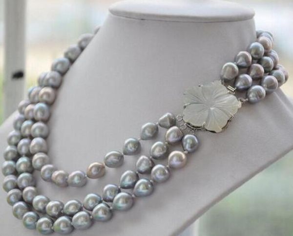 

3strands 10-12mm nature gray rice freshwater pearl necklace17-18- 19inch, Silver