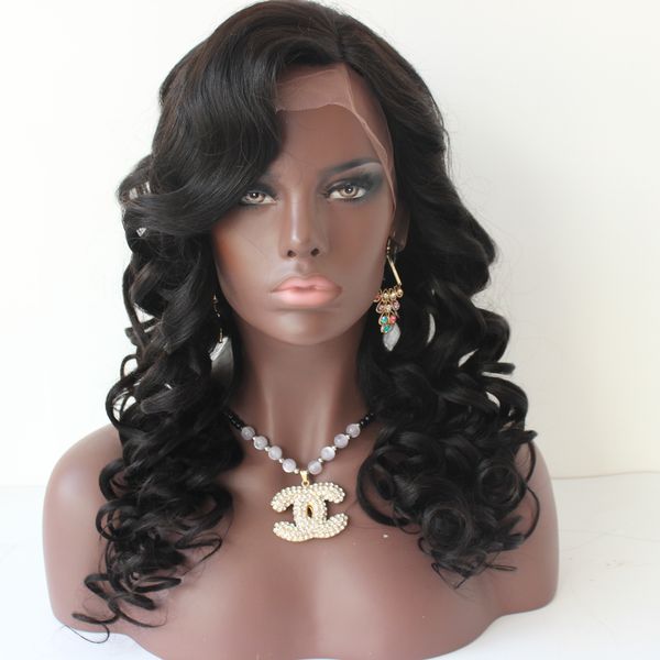 

loose wave human hair wigs with side part bangs unprocessed peruvian full lace wig bleached knots lace front wigs glueless, Black;brown