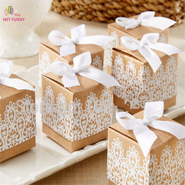 

10pcs/lot sweet lovely decoration candy box paper boxes gift box rustic & lace kraft favor with ribbon wedding supplies