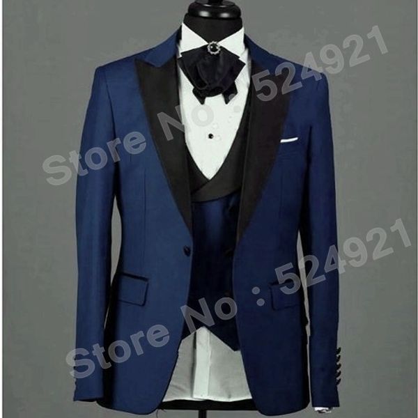 Новый стиль Groomsmen синего Groom Tuxedos Пик черный отворот Мужские костюмы Свадебного шафер жениха (куртка + брюки + жилет + Tie) L202