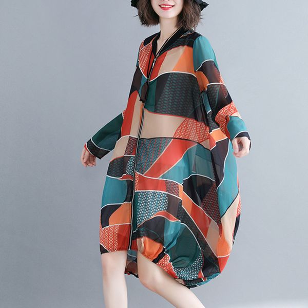 

#3027 лето нерегулярные печатных шифон с длинным рукавом пальто для женщин кардиган джокер солнцезащитный крем chffion пальто свободные нега, Tan;black