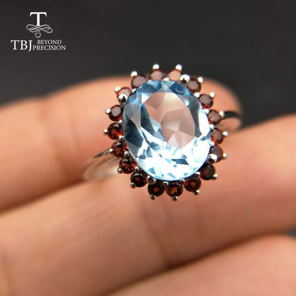 

tbj,natural 3ct up blue z 925 silver gemstone ring with natural garnet side stones gemstone ring for women with gift box, Golden;silver