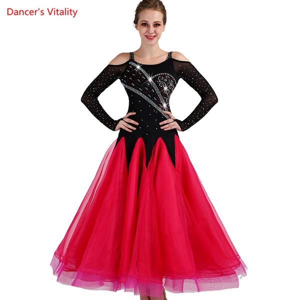 

new waltz dance ladies' costumes can be customized ballroom dance competition dresses long sleeves ballroom standard dress, Black;red