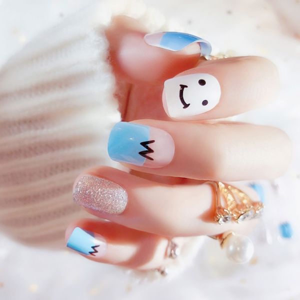 

24pcs false nails fake french full nail art tips cute smile face acrylic artificial diy art tool bride accessory, Red;gold