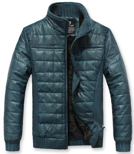 

new spring men cotton-padded clothes thicken leather stitching jacket, Black