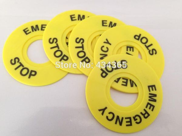 10 pz ID22mm diametro esterno 60mm Giallo Plastica Interruttore di Arresto di Emergenza Anello di Avvertimento pulsante etichette pannello cornice segno