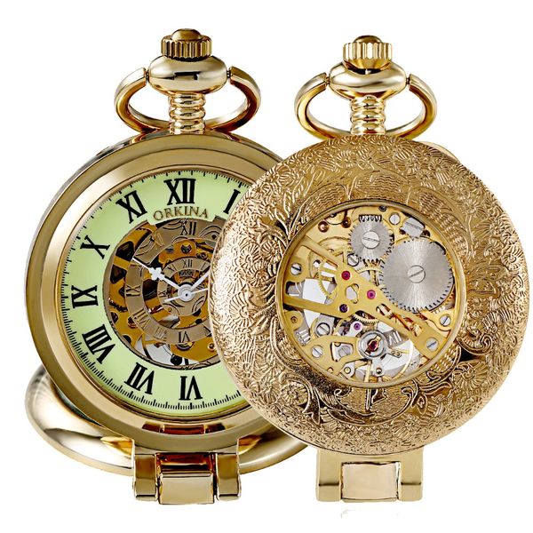 

montre vintage gold super luminous mechanical pocket fob watches golden necklace pendant watch men antique clock chain watch, Slivery;golden