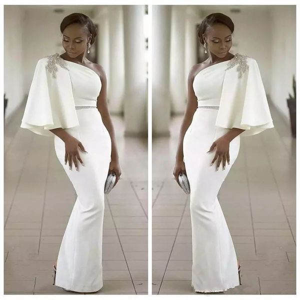 

2019 vogue evening gowns white satin one shoulder half sleeve mermaid floor length beading waist african dubai formal dresses eveing wear, Black;red