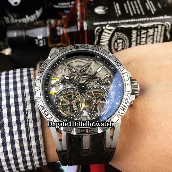 

brand new excalibur 46 double tourbillon rddbex0643 skeleton dial automatic mens watch silver steel case rubber strap watches, Slivery;brown