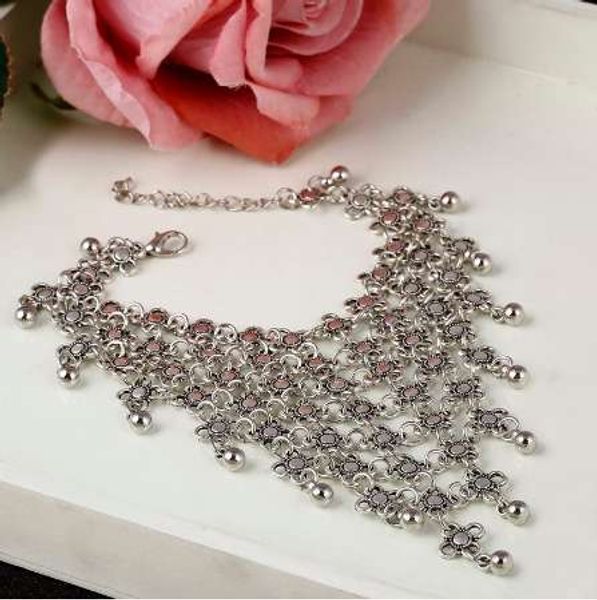 

antique silver anklet fashion hollow flower design beads anklets for women boho beach foot chains pendant anklet, Red;blue