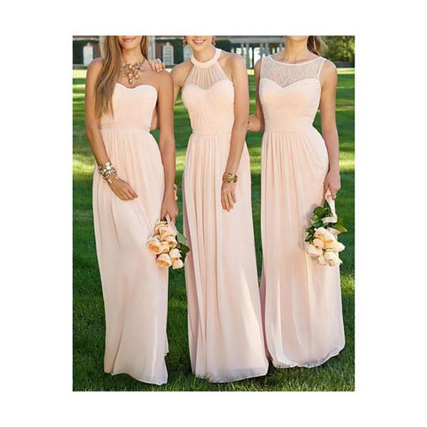 

charming pink long bridesmaid dresses mixed neckline flow chiffon summer blush bridesmaid formal prom party dresses custom made, White;pink