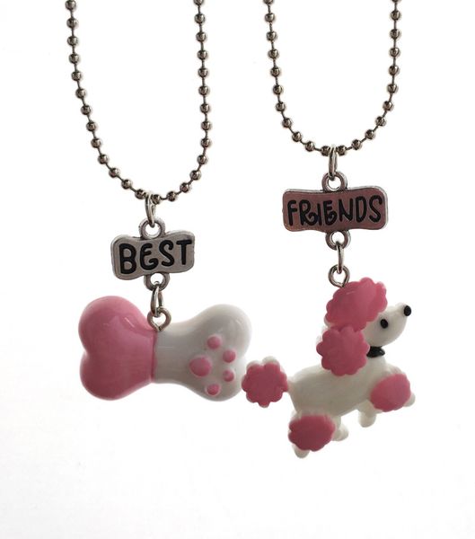 

children friends necklace resin simulation pink poodle dog bone pendant bff 2 necklace jewelry gift for kids 2pcs/set, Silver