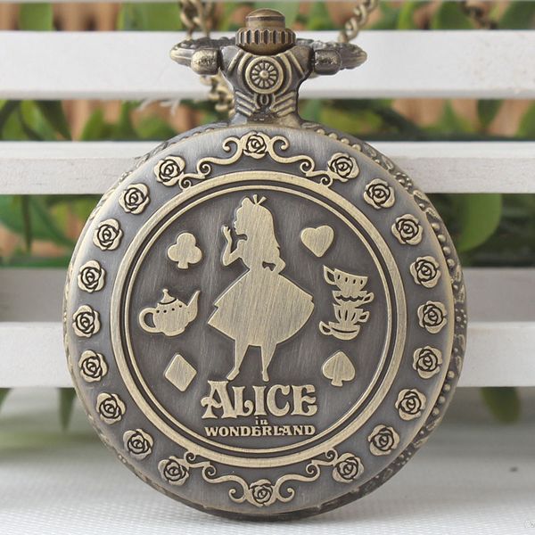 

vintage cute alice in wonderland flower pocket watch necklace quartz women ladies bronze pendant retro chain gift tpb029, Slivery;golden