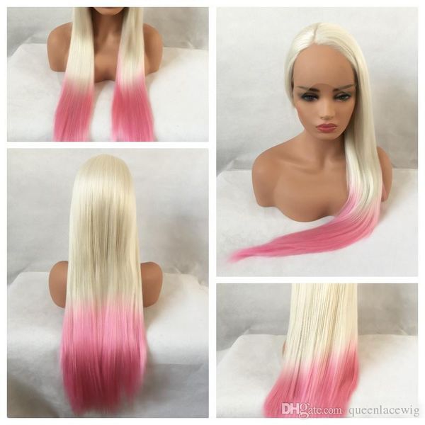 

Sexy Cosplay Party Wigs Ombre Blonde/Pink Long Silky Straight Wigs Heat Resistant Glueless Synthetic Lace Front Wigs for Black Women
