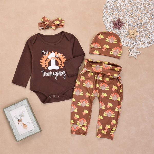 

newborn 2017 baby christmas clothes suits my first thanksgiving harvest romper trukey flowers pants hat headband 4pcs casual outfts, White