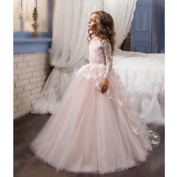 

blush lace long sleeves ball gown flower girls dresses full butterfly kids pageant gowns little girl birthday party dresses, White;blue