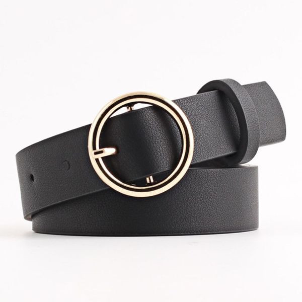 

new fashion women gold round buckle belts without pin metal buckle brown leather black strap belt female leisure jeans wild belt, Black;brown