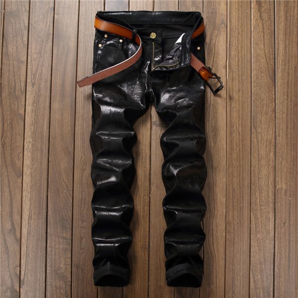 

2018 European Street style fashion casual Letter Printed Black jeans straight slim quality PU leather men Denim Pants 5001#