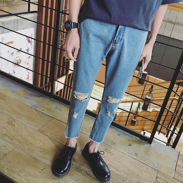 

2018 spring autumn casual fashion striped harem knee hole leisure feet pants cargo denim jeans men youth pants, Blue