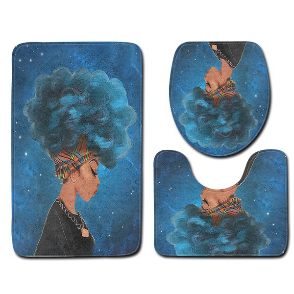 

3pcs bathroom rug sets anti slip blue pattern african woman hairstyle bathroom floor mat and toilet mat sets