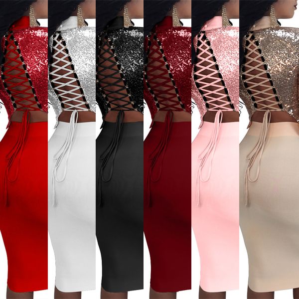

sequins 2 piece skirt set 2018 women summer two piece set runway set skirt and 7 colors f0070, White