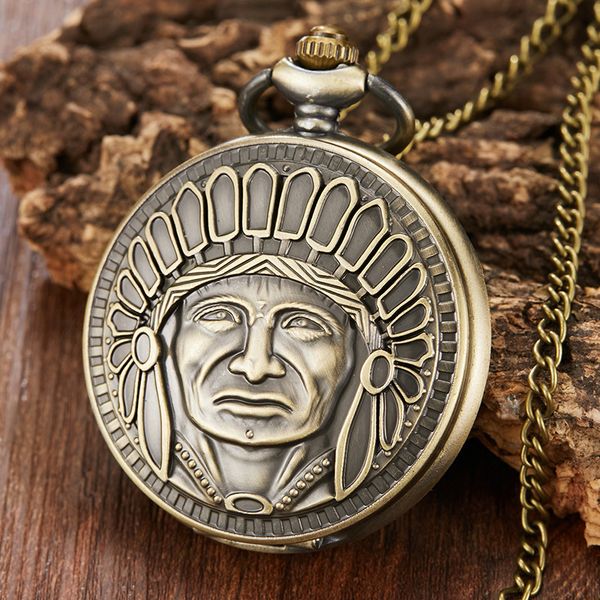 

unique bronze quartz pocket watch men steampunk tribal elder sculpture pocket watch with fob chain vintage women men clock, Slivery;golden