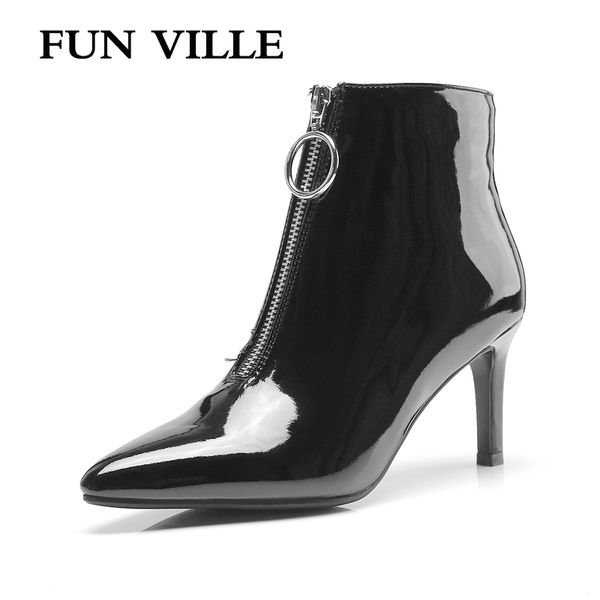 

fun ville new fashion autumn winter women's ankle boots patent leather high heels boots black pointed toe ladies shoes