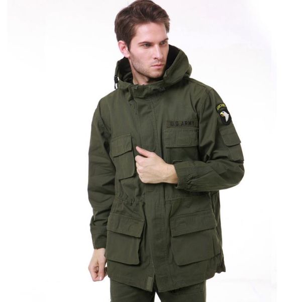

men's casual trench us army airborne tactical jacket men autumn winter cotton multi pocket camouflage hoodie coat, Tan;black