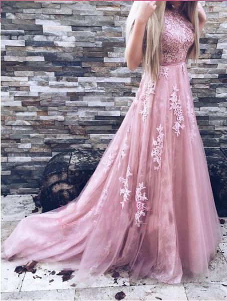 

Gorgeous High Neck Evening Dresses A Line Pink Floor Length Lace Formal Dress 2018 Prom Dresses