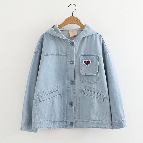 

japan mori girl heart pin long sleeve hooded jacket preppy cotton denim blue loose cowboy jacket coat women outerwear, Black;brown
