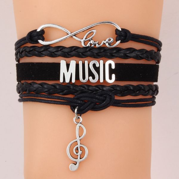 

ncrhgl infinity love music bracelets bangles musical note charm braided leather bracelet for women men 2018 drop shipping, Black