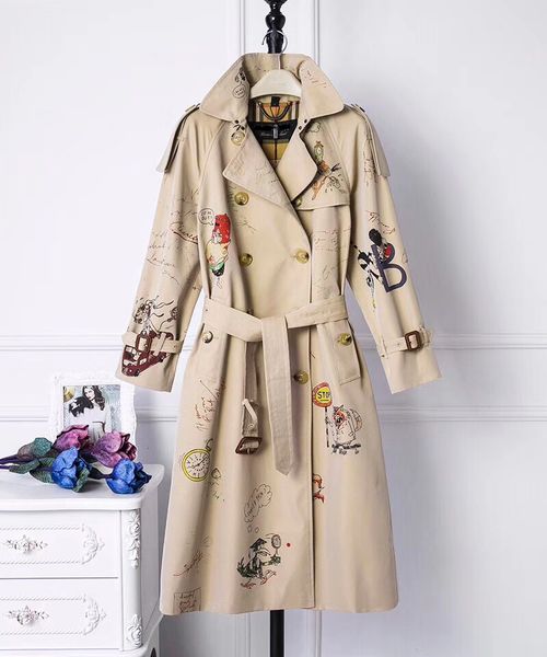 

Autumn new high end double brea ted coat long cartoon cartoon graffiti windbreaker women waterproof cotton, Tan;black